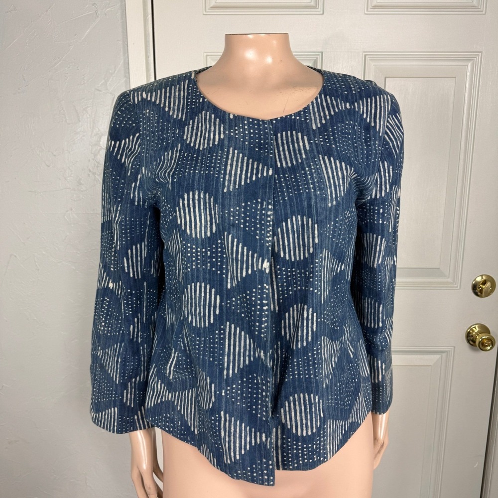 Eileen Fisher Women's Jacket Small Open Front Organic Cotton Printed Indigo L27